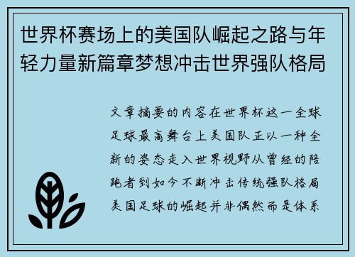 世界杯赛场上的美国队崛起之路与年轻力量新篇章梦想冲击世界强队格局